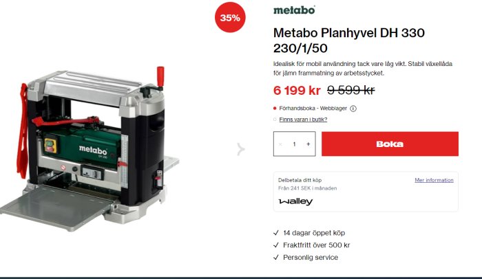 Metabo Planhyvel DH 330 med prisinformation och rabattstämpel, framställd som reklam för erbjudande.