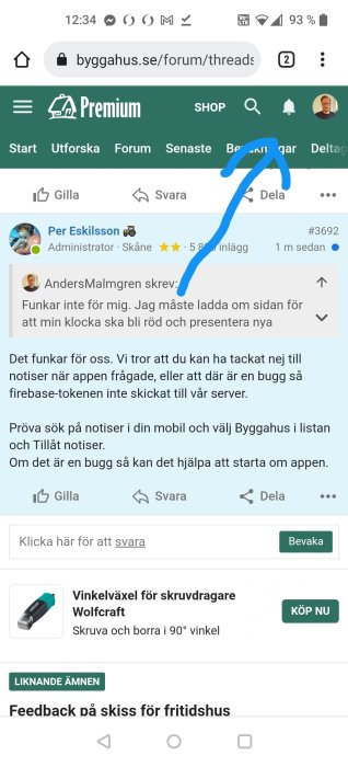Skärmdump av en diskussionstråd på byggforum med inlägg och svar från användare.