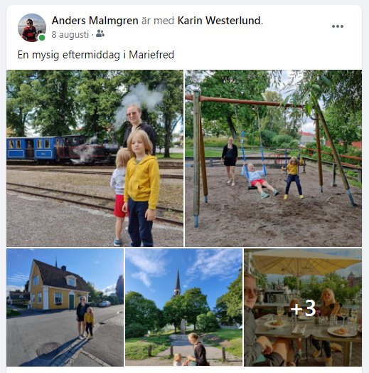 Kollage av bilder från en eftermiddag i Mariefred med ångtåg, lekande barn, gatuvy, kyrka och fikabord.