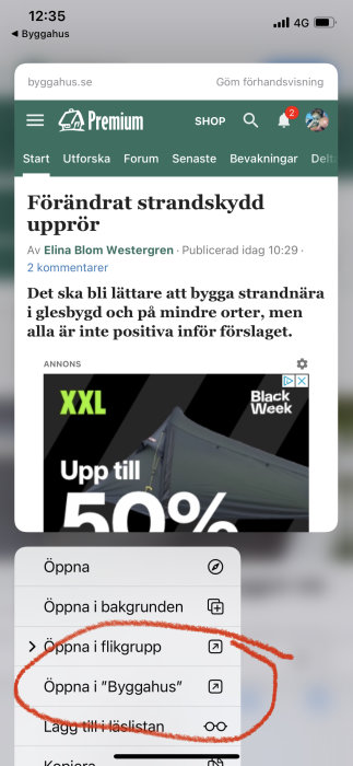 Skärmklipp av iPad-menyn med alternativet "Öppna i 'Byggahus'" markerat för att visa appinställning.
