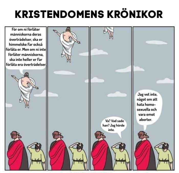 Seriebild som skämtsamt skildrar antika figurer som diskuterar religion och moral med missförstånd i talbubblor.