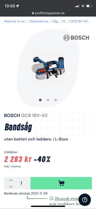 Bosch bandsåg GCB 18V-63 utan batteri och laddare på Proffsmagasinet hemsida, rabatterat pris.