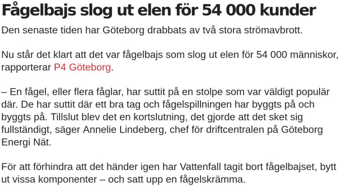 Skärmdump av nyhetsartikel med rubriken "Fågelbajs slog ut elen för 54 000 kunder" som rapporteras av P4 Göteborg.