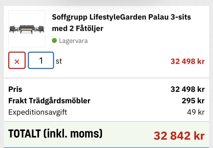 Soffgrupp online-erbjudande för LifestyleGarden Palau 3-sits med 2 fåtöljer, Black Friday-pris visas.