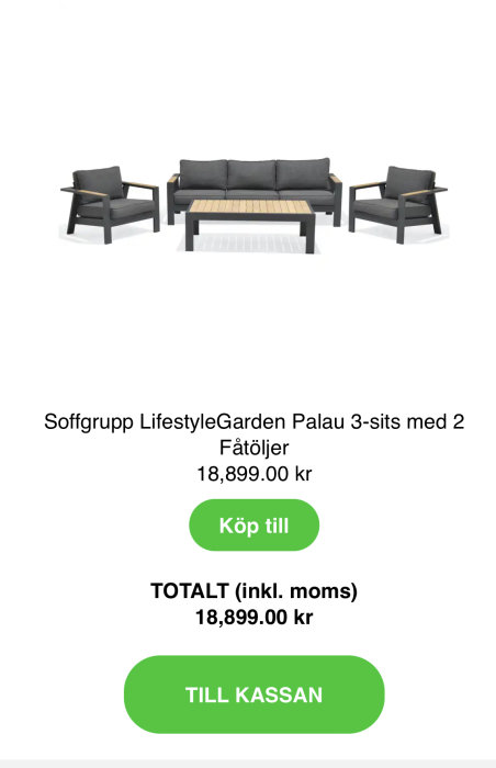 Utemöbelgrupp med en 3-sitssoffa och två fåtöljer i mörkt material med grå dynor visas med pris 18,899 kr och en köpknapp.
