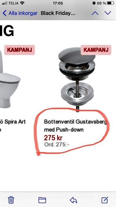 Skärmdump av en kampanjannons för en Gustavsberg bottenventil med prisangivelse, omgiven av en röd cirkel.