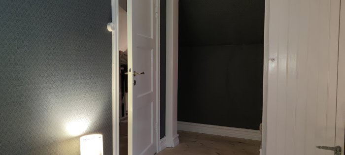 Rum med nytapetserade väggar och synlig strömbrytare, tomma golv, dörröppning till annat rum.