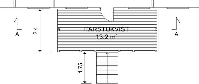 Ritning av en tillbyggnad med mått och extra pelare markerad, text Förrådsutrymme 13,2 m².