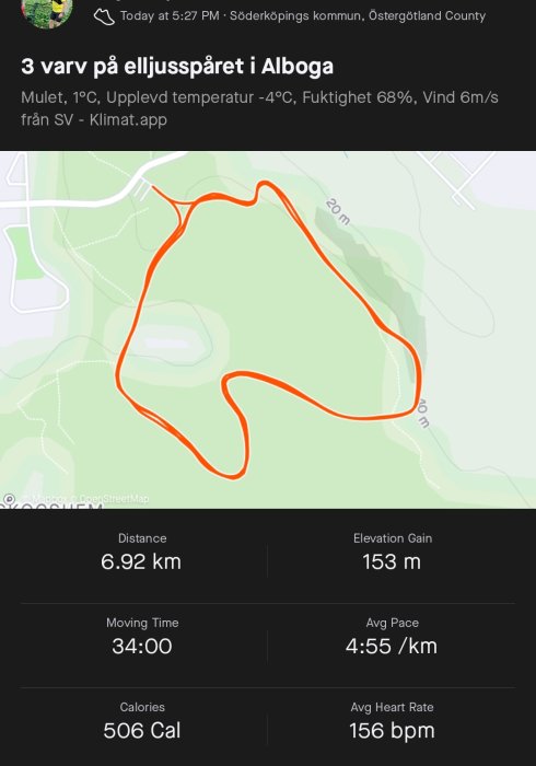 En skärmavbild av en löprunda på ett elljusspår med rutten markerad i orange, distans på 6,92 km och löparstatistik.
