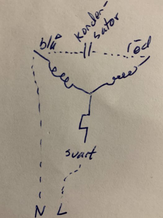 Handritad schematisk bild av en elektrisk koppling med blå och röd tråd anslutna i serie, svart tråd, och markeringar för en kondensator.