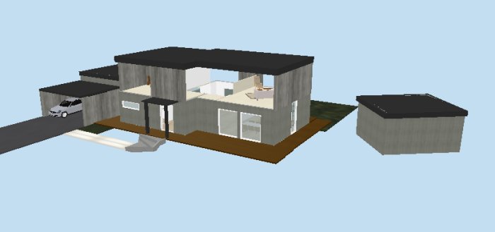 3D-modell av ett modernt hus med innergård, garage och Attefallshus på olika höjdnivåer.