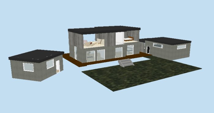 3D-modell av en husplanlösning med huvudbyggnad, garage och attefallshus, vardera markerade med höjdnivåer.