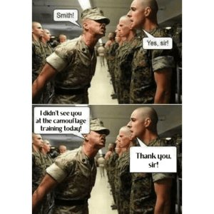 Serie av fyra serierutor som visar en samtal mellan två militärer med humoristisk text om kamouflage-träning.