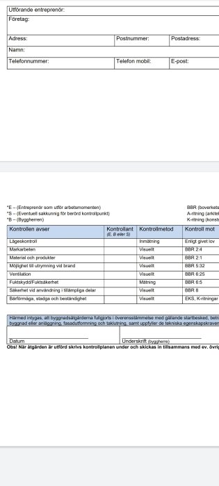 Kontrollplan för byggprojekt som visar punkter för fuktskydd och säkerhet med metod för mätning.