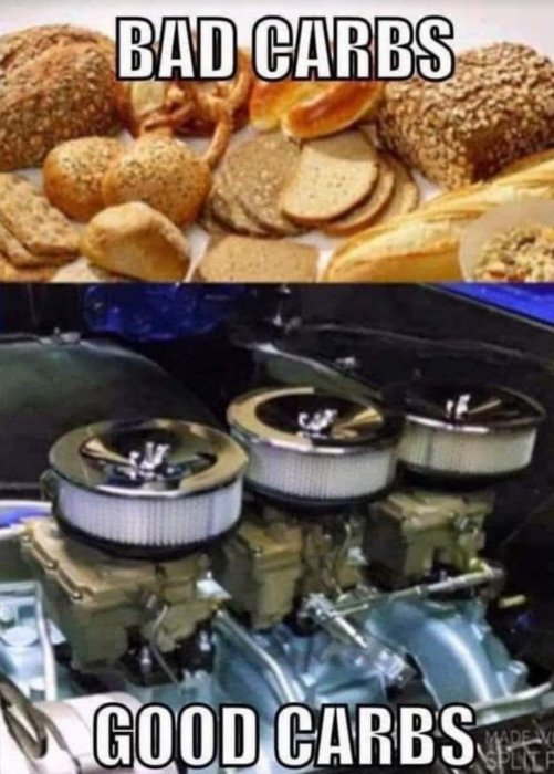 Övre delen visar olika bakverk med texten "BAD CARBS", nedre delen visar tre förgasare på en motor med "GOOD CARBS