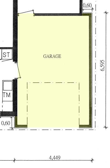 Ritning över garagegrund med måttangivelser inklusive 20cm kantbalk och 10cm platta.