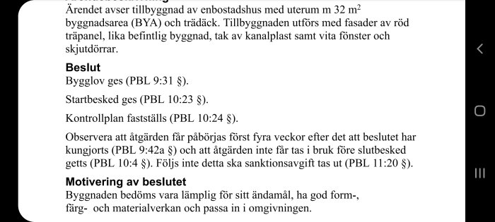 Skärmdump av dokument med beslut om bygglov för tillbyggnad av enbostadshus och motivering.