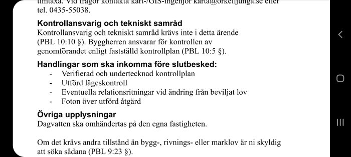 Skärmdump av dokument med information om kontrollansvar och byggprocessens administrativa krav.