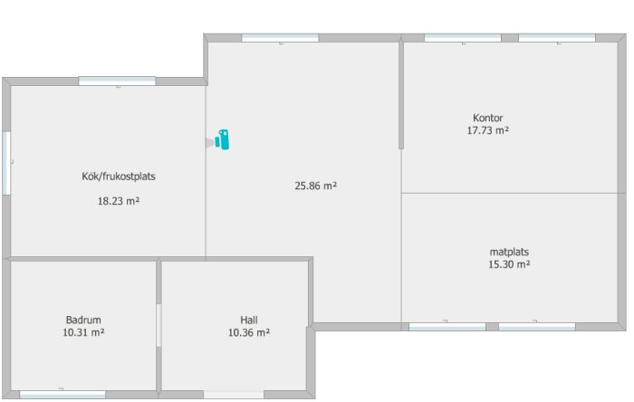 Ritning av första våningen på ett hus med kök, vardagsrum, kontor, matplats, badrum och hall med angivna ytmått.