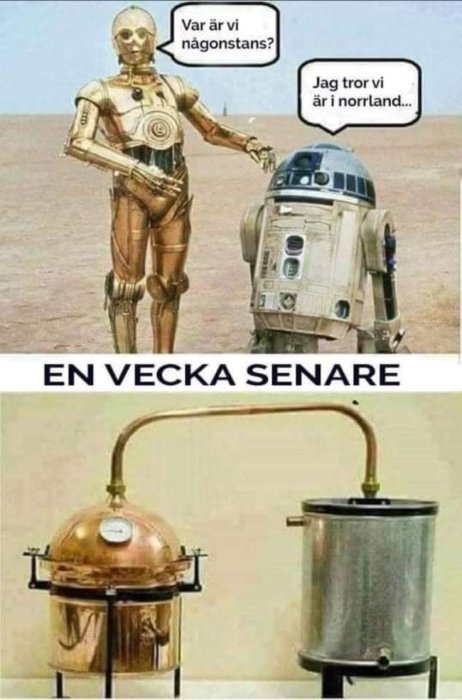 C-3PO och R2-D2 robotar i öken, förvandlas till kopparpanna och varmvattenberedare "En vecka senare".
