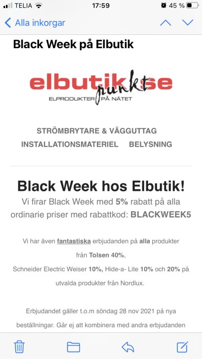 Skärmbild av ett e-postmeddelande med reklam för Black Week-rabatter på elbutiken.se.