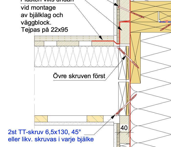 Teknisk ritning av en väggsektion med detaljer för montering av lättbalk och golvkonstruktion, inklusive mått och skruvplacering.