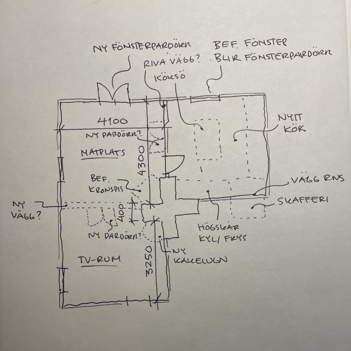 Handritad skiss av planlösning för kök, matplats och tv-rum med anteckningar och mått.