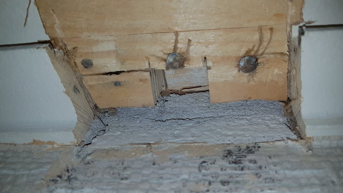 Vy inuti en takstruktur med synliga träbjälkar och små hål i ett äldre hus.