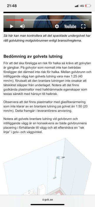 Skärmdump av en webbsida som beskriver hur man kontrollerar golvets lutning mot golvbrunn.