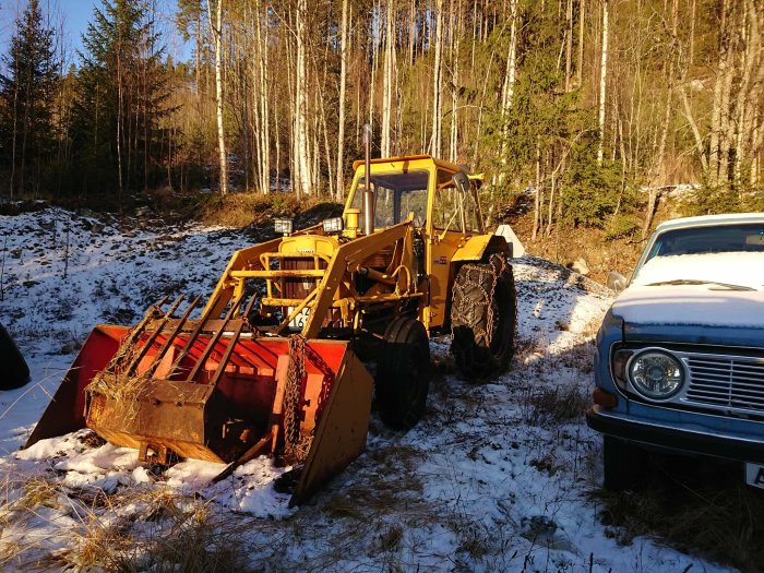 Gul Valmet 500 traktor från 1968 med frontlastare i ett snöigt skogslandskap vid solnedgång.