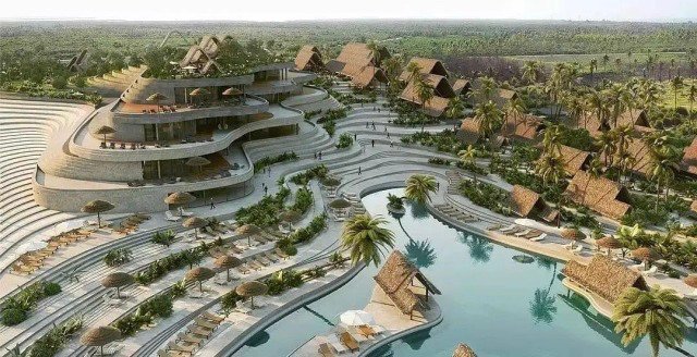 Arkitektritning av Iuva Hotel Zanzibar med slingrande pool, omgivet av tropisk vegetation och byggnader med traditionella tak.