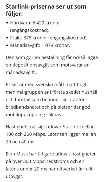 Skärmdump av text från Nyteknik.se som visar Starlink-priser: hårdvara, frakt och månadsavgift.