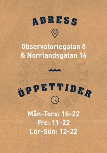 Öppettider och adresser för en restaurang på en brun pappersbakgrund.