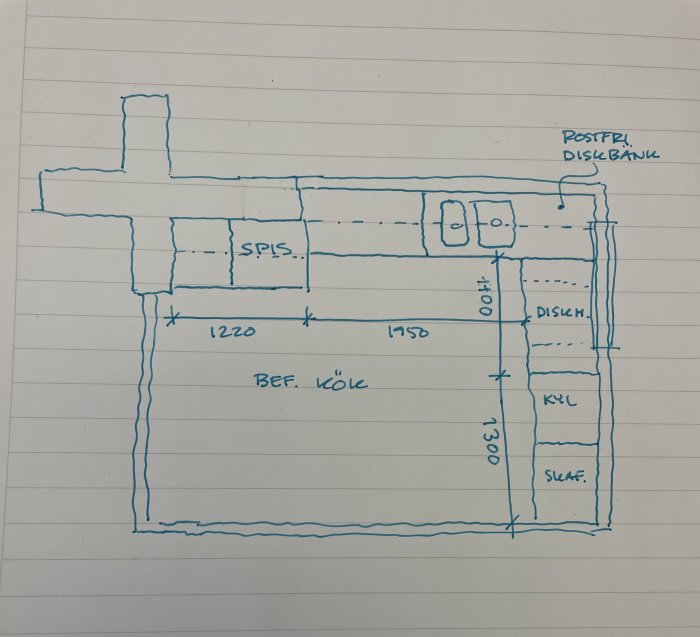 Handritad skiss av planlösning för kök med markerade positioner för spis, diskbänk och kylskåp.