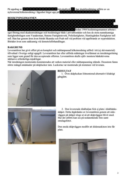 Sida ur besiktningsprotokoll med text och bilder på felaktig installation av köksskåp och diskbänksskåp.