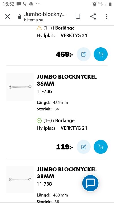 Skärmbild på Biltemas webbplats som visar en 36mm jumbo blocknyckel och dess prisinformation.