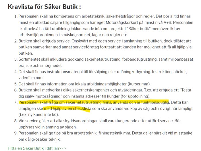 Screenshot av textdokument som listar krav för "Säker Butik", fokus på punkten om säkerhetsutrustningskontroll.