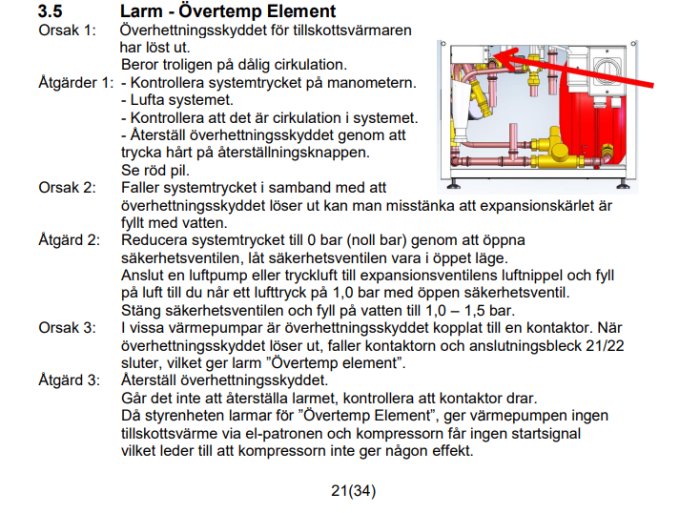 Sida ur en manual som beskriver larmet "Övertemp Element" med anvisningar för åtgärder och en schematisk bild av en värmepump.