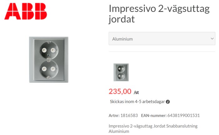 ABB Impressivo 2-vägsuttag jordat i aluminium, väggmonterad eluttag.