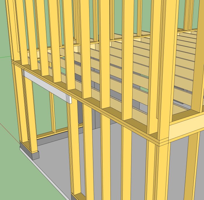 3D-modell av trästomme i byggprojekt med detalj av bjälklag och stolpar.