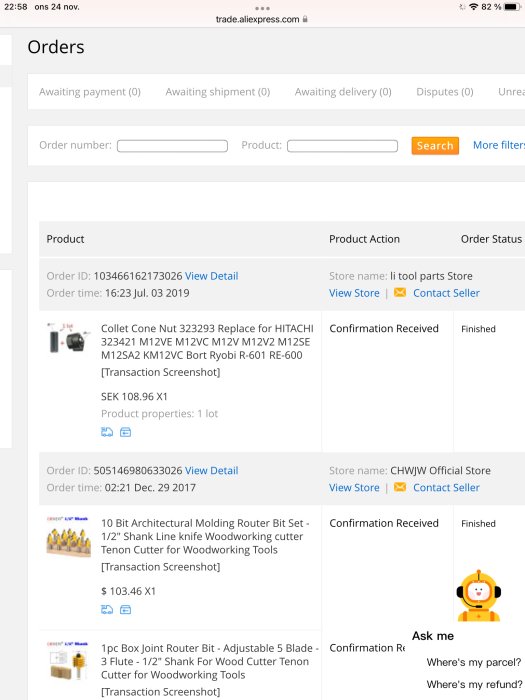 Skärmdump av en webbsida från AliExpress med lista på beställda verktygstillbehör.