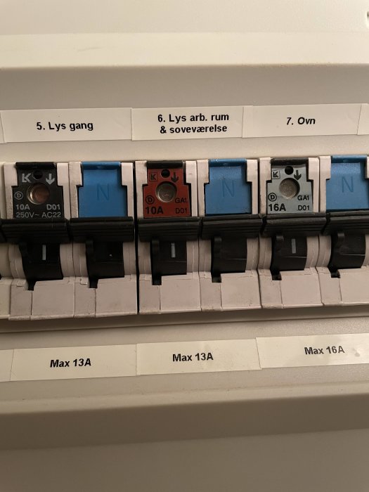 Säkringsskåp med etiketter och olika ampersäkringar, fråga om säkring behöver bytas.