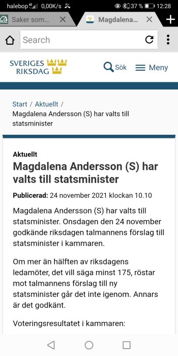 Skärmdump från en webbsida med nyhet om Magdalena Andersson vald till Sveriges statsminister.