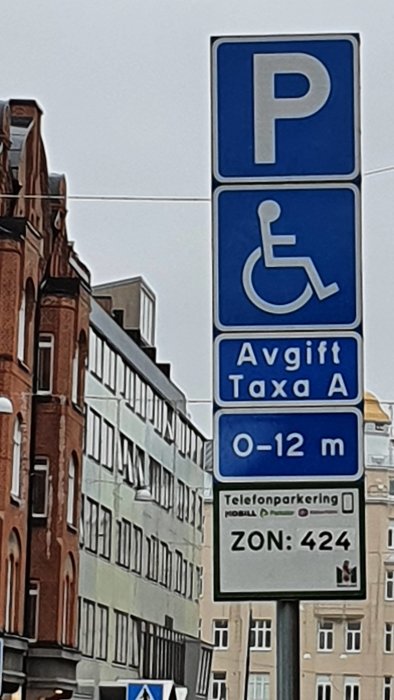 Parkeringskylt med handikappsymbol, "Avgift Taxa A", och "0-12 m" angivelse, samt telefonparkering zon 424.