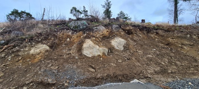 Jordvägg med stenar nära en grusad mark, potentiell rasrisk för framtida husbygge.
