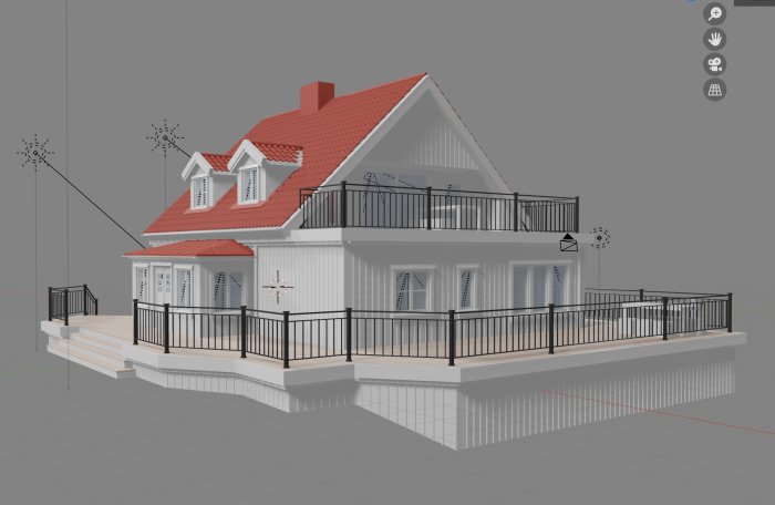 3D-rendering av ett vitt hus med rött tak, balkong, och en skorsten som sträcker sig ovanför taket.