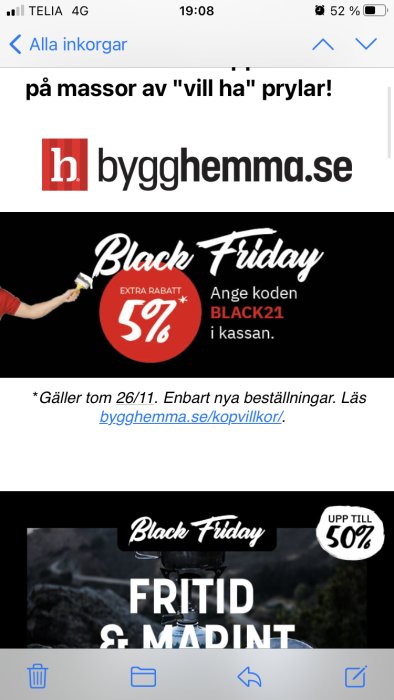 Reklambild för Black Friday-rea på bygghemma.se med en 5% extra rabattkod.