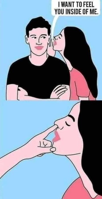 Illustration av en kvinna som viskar i örat på en man, följt av henne som stoppar hans finger i munnen.