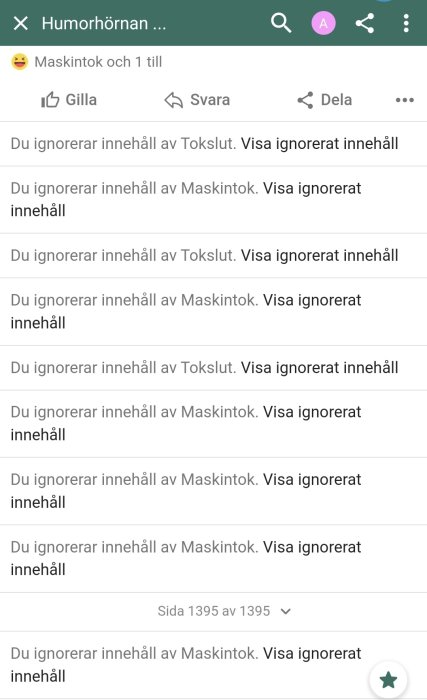 Skärmdump av forumtråd där alla inlägg är ignorerade med texten "Visa ignorerat innehåll".