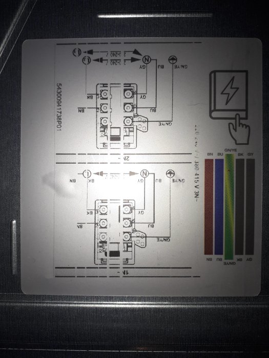 Instruktionsdiagram för anslutning av spishäll med olika färgkodade ledningar och kopplingsschema.